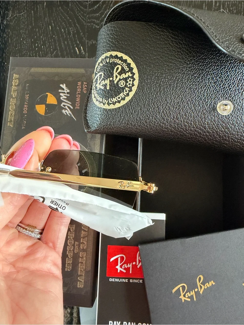 Ray-Ban Gold Frame Green Lens Rimless Sunglasses